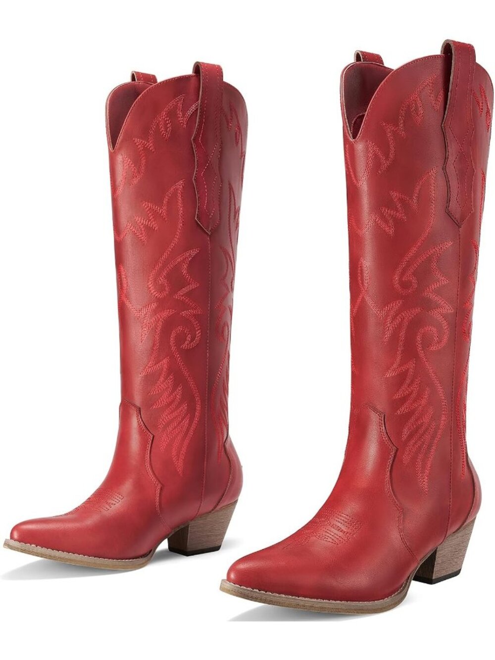Women Red Pointy Toe Western Cowboy Cowgirl Embroidered Knee High Boot